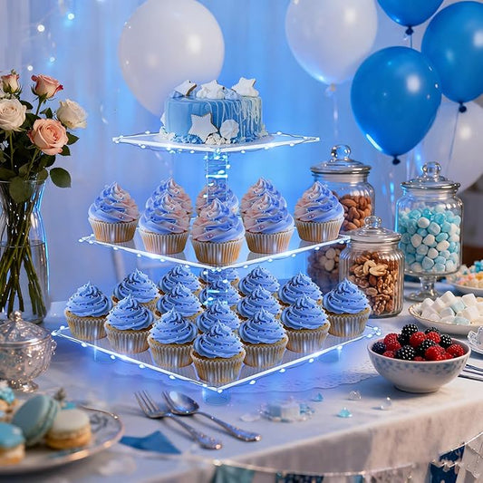 YestBuy 3 Tier Square Cupcake Stand - Premium Cupcake Holder - Acrylic Cupcake Tower Display - Cady Bar Party Décor + LED Light String - Ideal for Weddings, Birthday Parties( Blue Light)