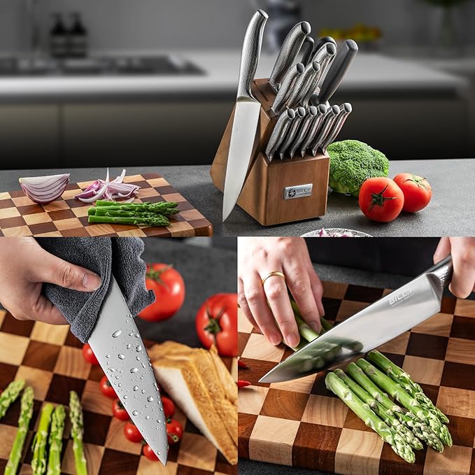 Knife Block with Kitchen Knives Set 14 Pieces and Wood Cutting Chopping Board Stainless Steel Knife for Kitchen Home Essentials Chef Knife Set, Anti-slip handle, Steak Knives Set of 6 ﻿