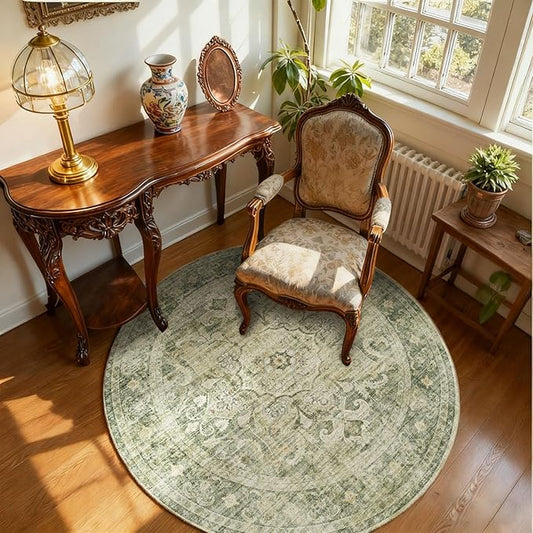 4x4 Round Bedroom Rug Washable: Round Rugs Stain Resistant Green Floral Rug Non Slip Low Pile Small Carpet for Bedroom Kitchen Entryway Living Room Bedside Office Dorm Kids Room Entrance