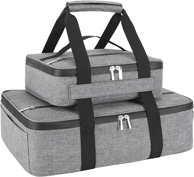 Insulated Casserole Carrier for Hot or Cold Food, Fits 8"-15" Baking Dish，Thermal Food Carrier Bag, Lasagna Lugger Tote for Potluck Parties/Picnic/Cookouts/Lunch, Grey，2 Pack