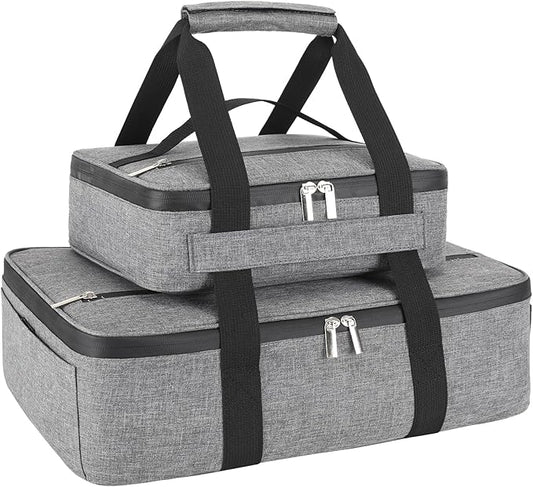 Insulated Casserole Carrier for Hot or Cold Food, Fits 8"-15" Baking Dish，Thermal Food Carrier Bag, Lasagna Lugger Tote for Potluck Parties/Picnic/Cookouts/Lunch, Grey，2 Pack