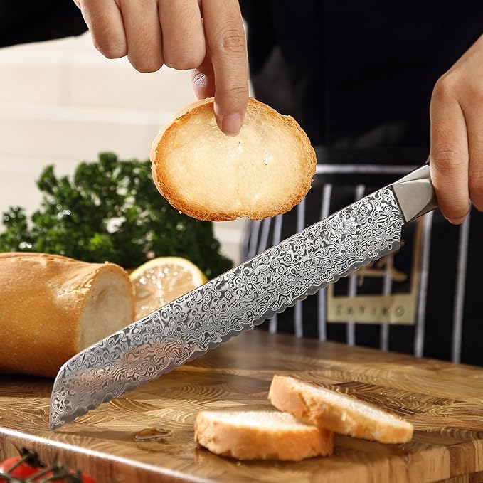zayiko Black Edition Bread knife 8-inch blade extremely sharp from 67 layers I Damascus kitchen knives and professional chef's knives made of genuine Japanese Damascus with Pakka wood