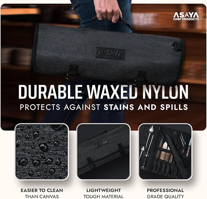Asaya Chef Knife Roll Bag - 20 Total Pockets for Knives and Kitchen Utensils - Made with Stain Resistant Waxed Nylon - For Chefs and Culinary Students - Knives Not Included(Black)