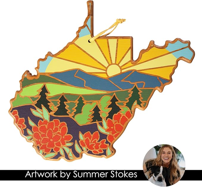 Totally Bamboo West Virginia State Shaped Cutting Board and Charcuterie Serving Platter with Artwork by Summer Stokes, Includes Hang Tie for Wall Display