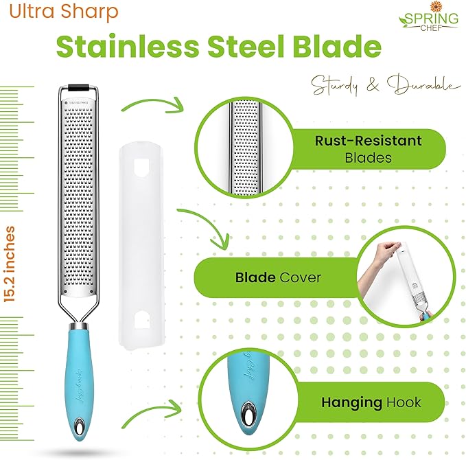 Spring Chef Stainless Steel Lemon Zester Grater with Handle - Garlic, Cheese, Parmesan, Nutmeg, Lime, Ginger Grater - Heavy Duty Kitchen Tool - Citrus Zester with Blade Cover - Fine Shred - Aqua Sky