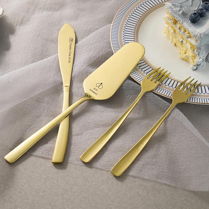 AW BRIDAL Mr and Mrs Wedding Cake Knife Set with Forks, Gold Cake Cutting Set Stainless Steel Cake Serving Set Wedding Engagement Bridal Shower Gifts for Couples