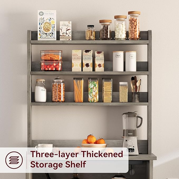 GAOMON Farmhouse Bakers Rack with Storage Cabinet and Charging Station, Kitchen Hutch with Thickened Tabletop, Power Outlets & USB Ports, Pantry Organizer Shelf for Kitchen and Dining Room, Gray