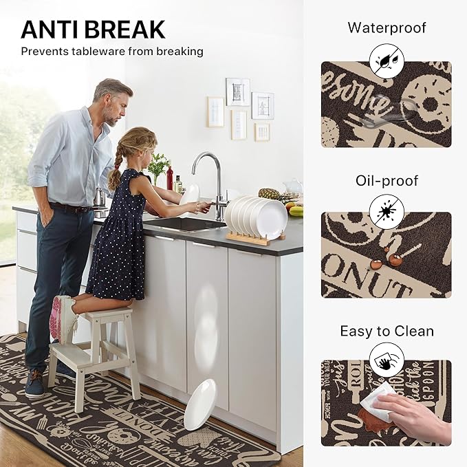 GENIMO Kitchen Mats for Floor 2PCs, Washable Anti Fatigue Mat for Cushioned, 17.3"x59"+17.3"x30", Waterproof Kitchen Rugs, Non Slip Comfort Standing Mat Rug for Sink, Laundry, Home, Coffee