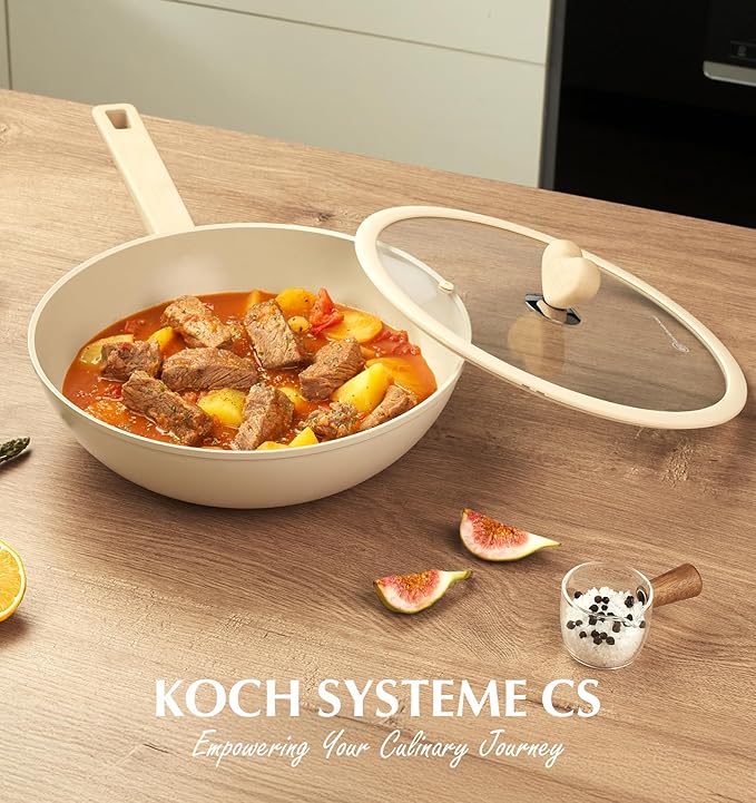 Wok with Lid, 5 Quart Wok Pan with Nonstick Cream Interior, Nonstick Wok with Cool-touch Heart-shaped Handles, Flat Bottom Woks with Lid, Deep Pan Induction Compatible, Cream Woks - 11 Inch