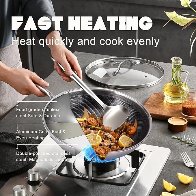 RisenutX Hybrid Wok, 12 inch Wok with lid,Stainless Steel woks & Stir-fry pans Non Stick, PFOA Free Cookware, Dishwasher and Oven Safe, Compatible With Induction
