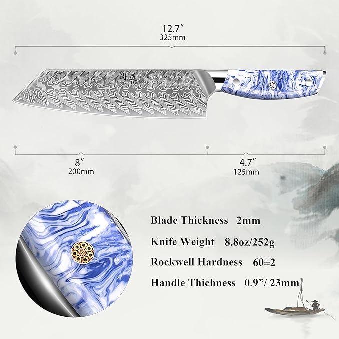 SHANGDAO 8 Inch Kiritsuke Chef Knife, Kitchen Slicing Knife Forged Damascus Steel with Blue and White Resin Handle - Full Tang - HUA Series