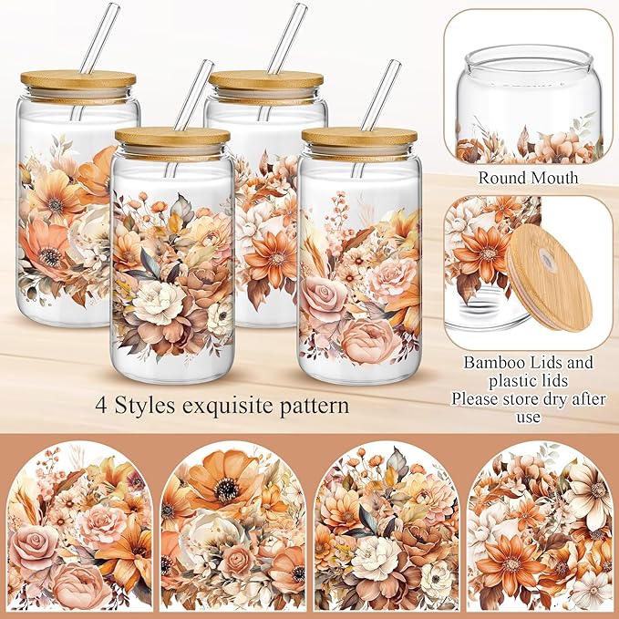 Mumufy Gift for Women Cute Glass Cup Tumbler Flower Iced Coffee Mugs 16 oz Glass with Bamboo Lid & Straw, Mothers Day Birthday Gift for Mom Sister Bridesmaid Baby Shower(4 Pack, Brown Flower)