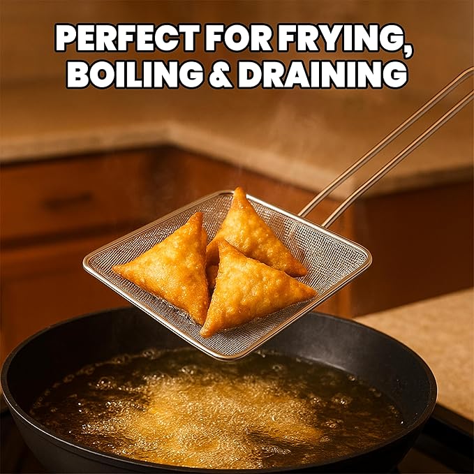 Square Mesh Skimmer | 6.5" Medium 20L | Stainless Steel Spider Cooking Oil Strainer with Long Handle for Kitchen | Deep Nickel Fryer Scoop for Professional Restaurant Use