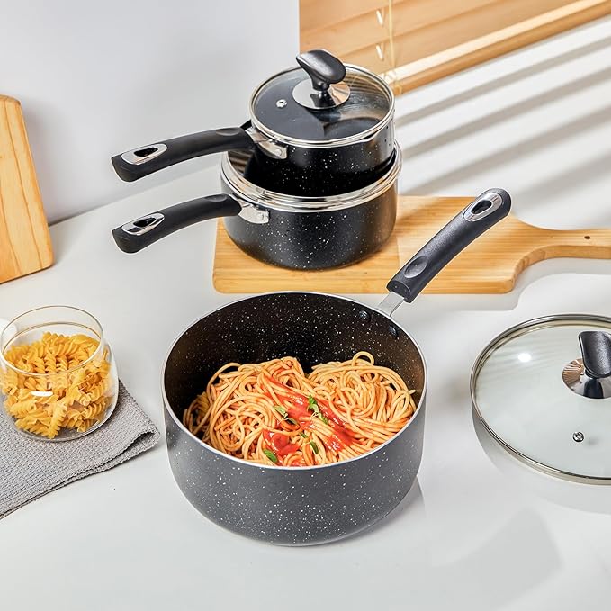 RATWIA Nonstick Saucepan Set - 3-Pieces Pot Set 1 Quart & 2 Quart & 3 Quart,Ultra Non Stick Sauce Pan Small Pot with Glass Lid,Great for Home Kitchen Restaurant,Black