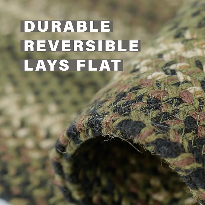 Homespice Pinecone Small Oval Rug 27x45 - Rustic Green Braided Rug for Kitchen and Bathroom, Reversible, Pet Friendly, No Shed Jute for Easy Maintenance