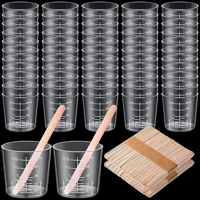 Konohan 200 Pack 2oz/60ml Plastic Mixing Cups Disposable Measuring Cups, Epoxy Bulk Clear Beaker with Graduated and Mixing Sticks for Resin, Laboratory, Liquid, Acrylic Paint Art, Medicine