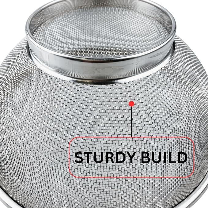 Fine Mesh Kitchen Strainer | Stainless Steel | 7" Top Diameter | 3" Height | Versatile Usage | Ergonomic Handles | Ideal for Straining, Draining, Steaming