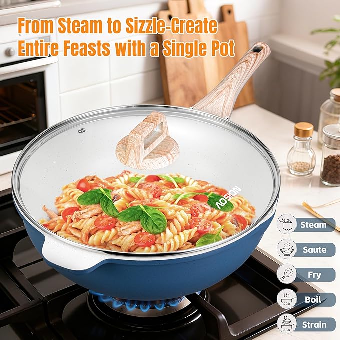 AOSION 11 Inch Nonstick Ceramic Deep Frying Pan Skille with Lid,5QT Sauté Pan for Cooking with Steam Rack,Healthy Large Skillet,Stay Cool Handle, Induction Compatible, PFOA & PFAS Free. (12IN-BLUE)