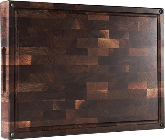 Cozifa American Black Walnut Wood Cutting Board 20"x15"x2"(Large and Thick) for Kitchen with Juice Groove, Inner Handles, End Grain Butcher Block Finished with Linseed Oil, Beeswax, Lemon Oil, Giftbox