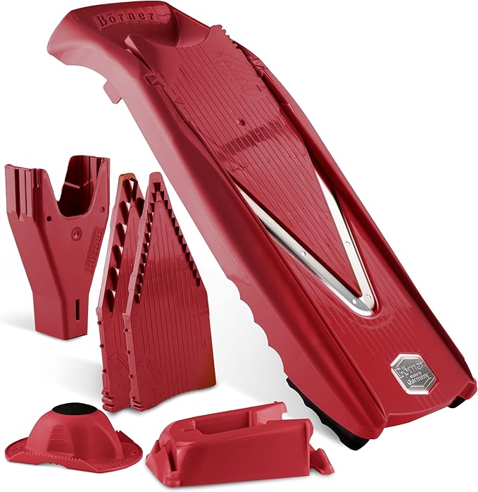 Mandoline Food Slicer Börner V5 (Profi Set) by Reston Lloyd • V-Slicer with 4 Inserts, Docking Station & Food Holder • Made in Germany • Fruit & Vegetable Chopper • Multiple Settings • Color: Red