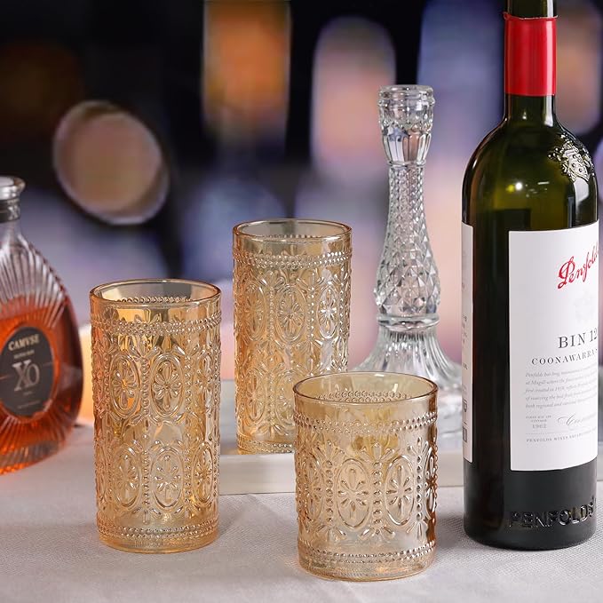 6 Pack Highball Beverage Glass Cup, 12oz Amber Glassware Drinking, Vintage Embossed Drinking Glasses, Old Fashioned Glass for Party Wedding Home Office and Gift
