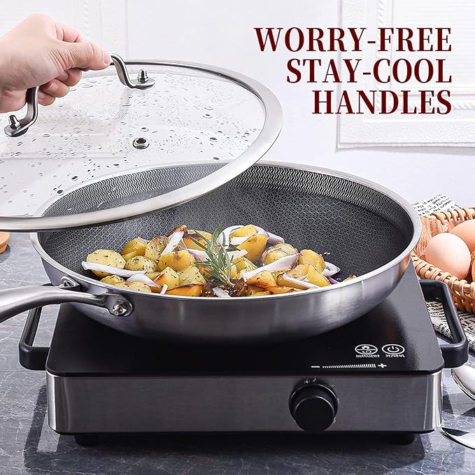 LOLYKITCH 12 Inch Hybrid Stainless Steel Non-Stick Sauté Pan,Induction Frying Pan with Lid,Skillet,Oven and Dishwasher Safe,Detachable Handle