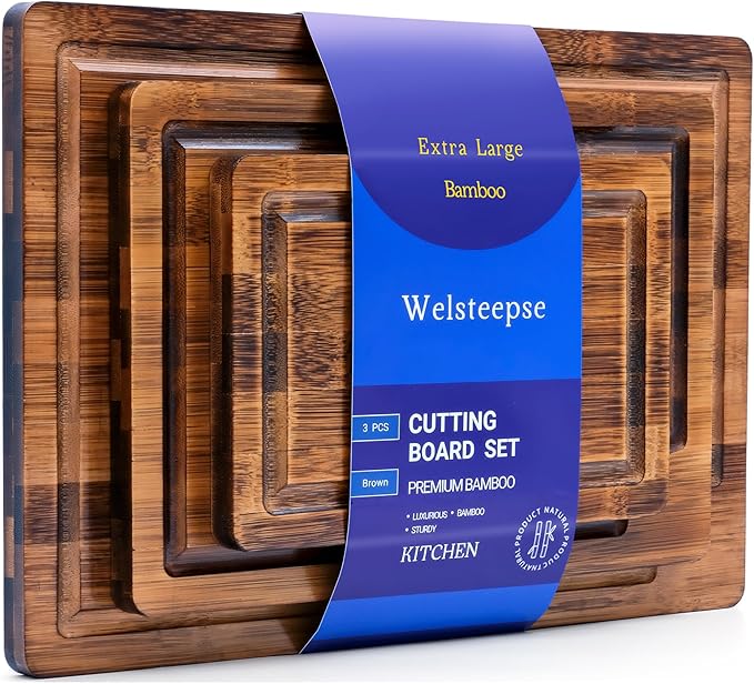 welsteepse Bamboo Cutting Boards, (Set of 3) with Juice Groove, Bamboo Wood Cutting Board Set for meat, fruit and cheese