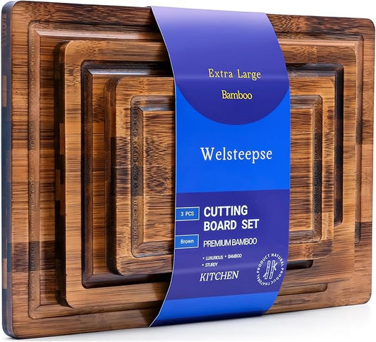 welsteepse Bamboo Cutting Boards, (Set of 3) with Juice Groove, Bamboo Wood Cutting Board Set for meat, fruit and cheese