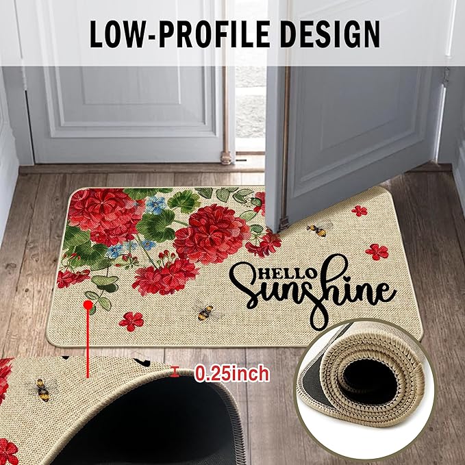 Geranium Spring Kitchen Mats for Floor Set of 2, Geranium Flower Summer Floor Mats, Non Slip Rubber Backing Kitchen Floor Mat and Rug Set for Kitchen Sink, Office, Laundry
