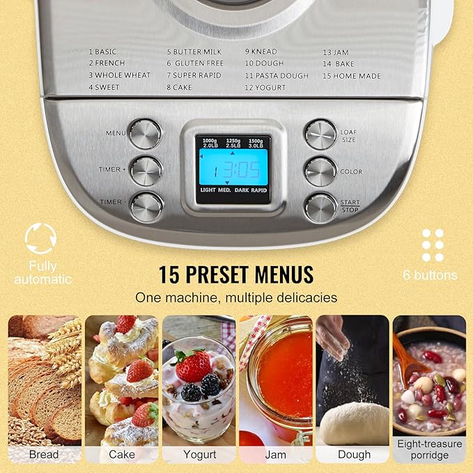 Happybuy 15-in-1 3LB Bread Maker, Gluten-Free, Whole Wheat, Programmable Digital Bread Machine, 3 Loaf Sizes, 3 Crust Colors, White, Nonstick Ceramic Pan