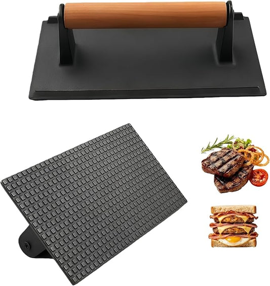 RIIPOO Professional Cast Iron Grill Press - Heavy Duty 2lbs Rectangle Smash Burger & Bacon Press with Wood Handle, Non-Stick Ribbed Grill Weight for Steak, Sandwiches & Perfect Grill Marks