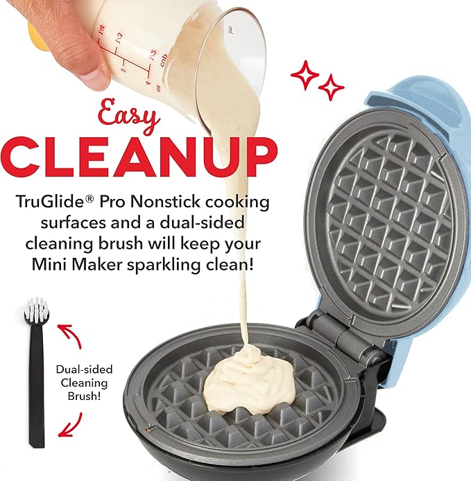 Dash Deluxe Mini Waffle Maker- Compact, Easy-to-Clean Breakfast Appliance - Convenient Cord Wrap - Cleaning Brush Included - 4-Inch - Dream Blue