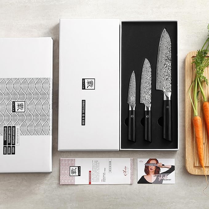 zayiko Black Edition 3-pc Damascus knife set, blades 3.3 to 7-inch in length - extremely sharp from 67 layers of genuine Japanese damascus steel with Pakkawood handles, chef's knife set