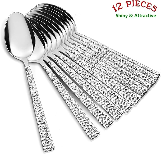 E-far Teaspoon Set of 12, E-far 6.7 Inch Hammered Stainless Steel Spoons for Kitchen or Restaurant, Non-toxic & Mirror Polished, Squared Edge & Dishwasher Safe