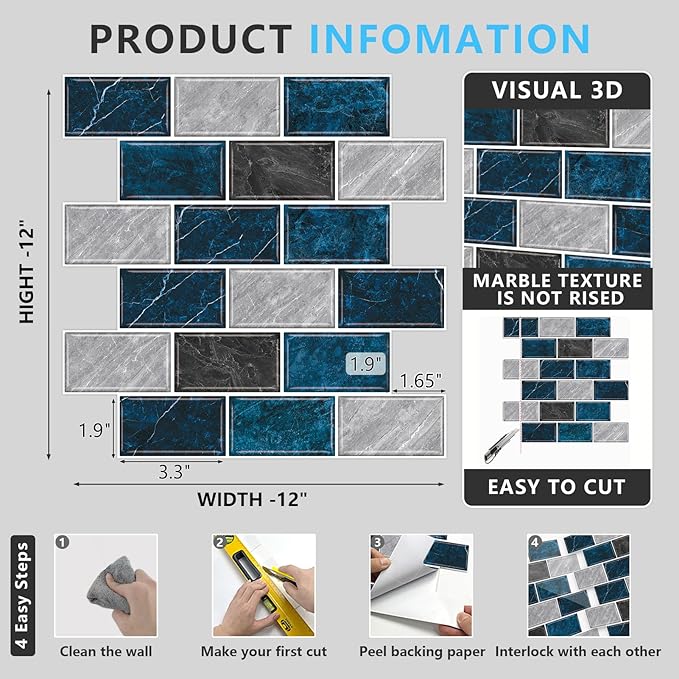 URCOLOR 10-Sheet Backsplash Tile for Kitchen Peel and Stick,12"x12" Self Adhesive Wall Tiles Stick on Back Splashes for Bathroom Blue Marble Look