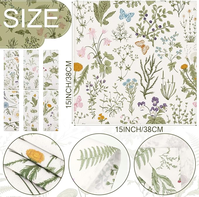 36 Pcs Herbs and Wild Flowers Cloth Napkins Floral Plants Reusable Napkins Country French Toile Dinner Soft Absorbent for Summer Holiday Party