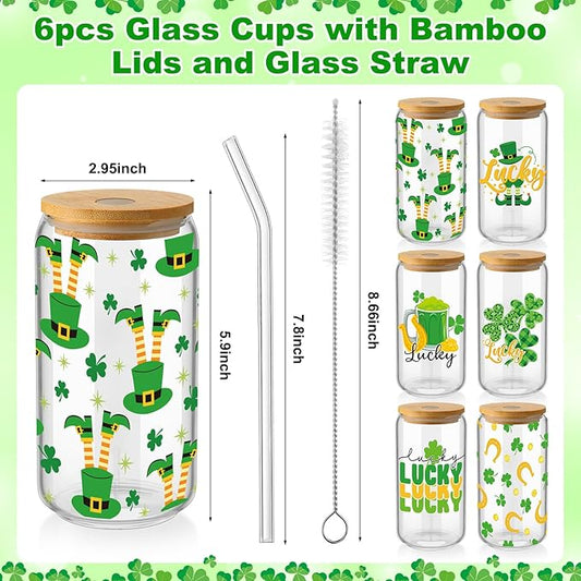 6 Pcs St Patrick's Day Glass Cups Shamrock Tumbler with Bamboo Lids and Straws 16 oz Irish Lucky Clover Reusable Can Shaped Drinking Glasses Bulk for St Patrick's Day Party Supplies
