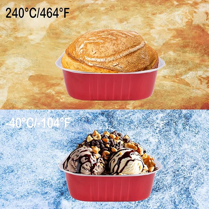 BZIDII 10oz Mini Cake Pans With Lids 50 Pack Aluminum Foil Square Brownie Baking Cups,4”x4” Disposable Loaf Pans With Lids and Spoons Stickers,Large Cupcake Pans Muffin Cake Tins Cake Container(Red)