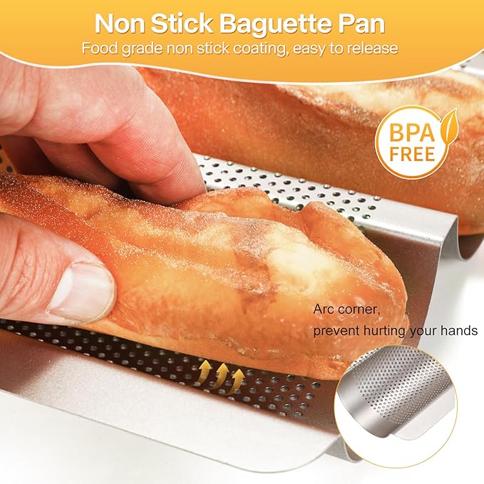 Barlket Baguette Bread Pan, Perforated French Bread Pan, Nonstick Bread Pans for Baking, with Baguette Kit – Includes Proofing Cloth & Dough Cutter, 15x11 Inch Gold, 3 Loaf
