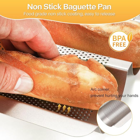 Barlket Baguette Bread Pan, Perforated French Bread Pan, Nonstick Bread Pans for Baking, with Baguette Kit – Includes Proofing Cloth & Dough Cutter, 15x11 Inch Gold, 3 Loaf