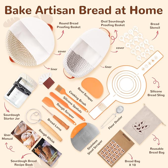 Sourdough Starter Kit, 9" Round and 10" Oval Banneton Bread Baking Supplies, Bread Making Tools Kit, Sourdough Proofing Basket, Sourdough Kit Gifts for Bakers Women Wife Mom