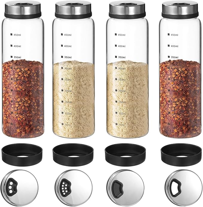 4 Pcs Salt & Pepper Shakers, Large Glass Spice Jars with Adjustable Pour Holes, Spice Dispensers with Non-skid Silicone Bases, Seasoning Jars with Rotating Steel Lids for Kitchen(500ml)