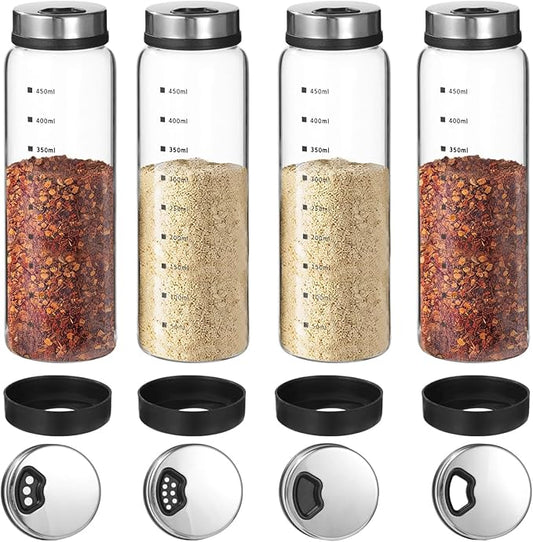 4 Pcs Salt & Pepper Shakers, Large Glass Spice Jars with Adjustable Pour Holes, Spice Dispensers with Non-skid Silicone Bases, Seasoning Jars with Rotating Steel Lids for Kitchen(500ml)