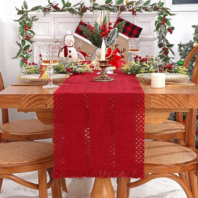 Alynsehom Macrame Table Runner Christmas Red Boho Table Runners with Tassels Hand Woven Cotton Table Runner Rustic Farmhouse Table Runners for Xmas Kitchen Dining Table(12x71in)