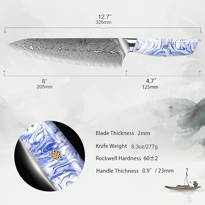 SHANGDAO Damascus Chef Knife, 8 inch Japanese chef's knives, Resin Handle kitchen knife, sharp knives kitchen Cooking Knife, chef's knives Including Gift Box