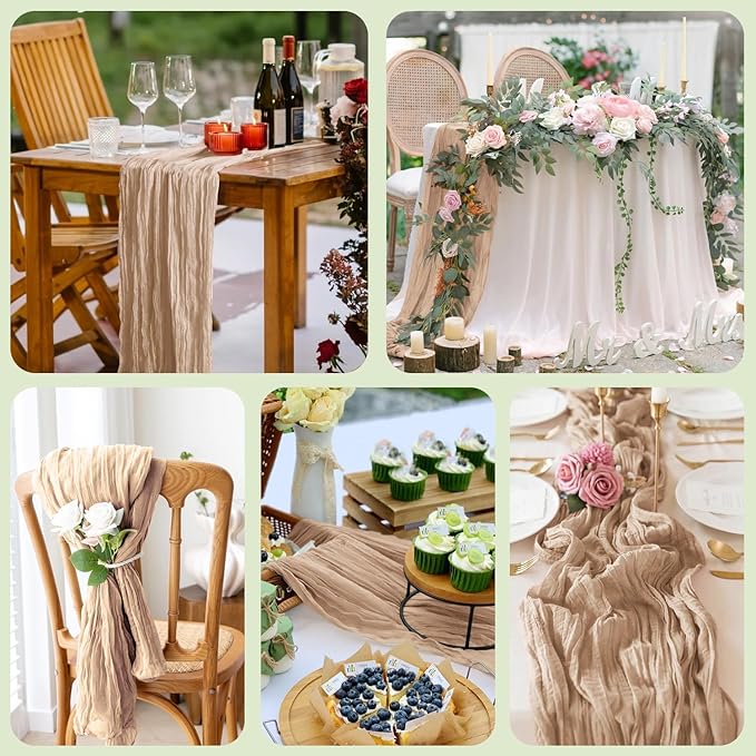 Wokceer Cheesecloth Table Runner Thanksgiving 3Pack 10FT Nude Brown Boho Gauze Cheese Cloth Table Runner Christmas for Party Rustic Sheer Runners for Baby Bridal Shower Wedding Table