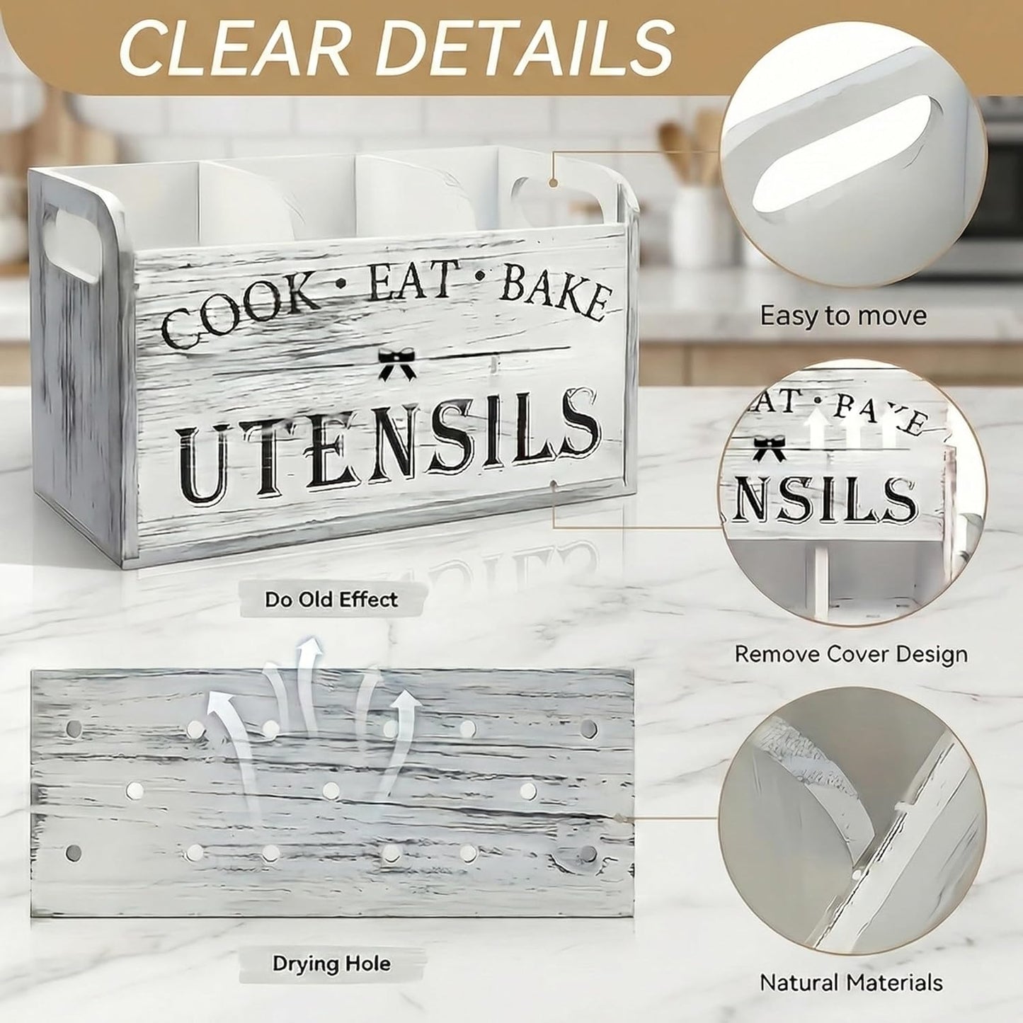 Farmhouse Kitchen Utensil Holder for Countertop, Distressed White Wooden Cooking Utensil Organizer with 3 Compartments & Handles, Rustic Extra Large Crock Space Saver for Spatulas & Spoons