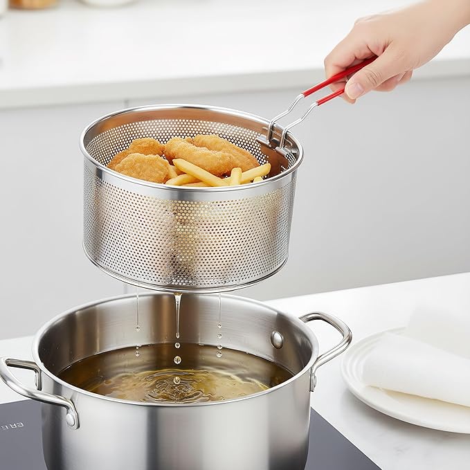 TOPZEA Set of 2 Pasta Strainers, Stainless Steel Spaghetti Noodle Strainer Basket Deep Fry Basket with Removable Handle Kitchen Food Colander for Boiling, Frying, Blanching, Draining, Steaming