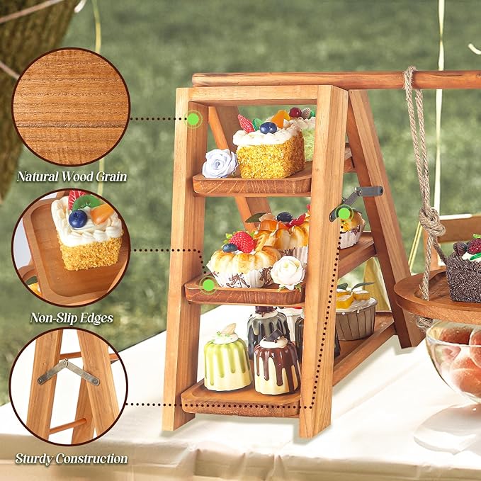 Wooden 3 Tier Cupcake Stand, Rustic Cupcake Display Stand for Dessert Table, Foldable Serving Tray Tower for Party, Wedding, Birthday, Baby Shower, Holiday Events
