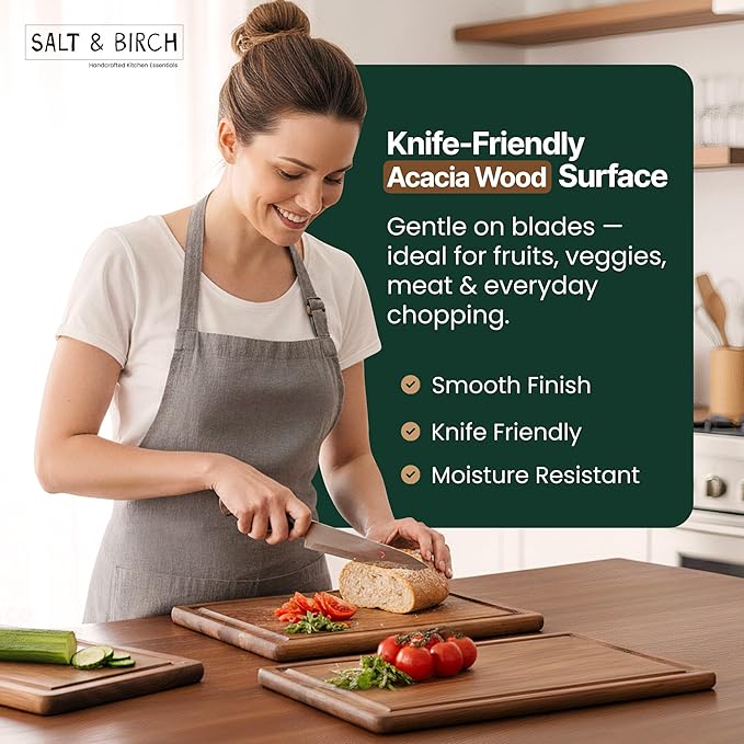BRUSH HAVEN Salt & Birch Cutting Board - Premium Acacia Wooden Board for Easy Food Prep - Enjoy A Reliable Chopping Board Designed for Versatile Kitchen Use - Perfect for Chefs & Home Cooks- 3 Pcs Set